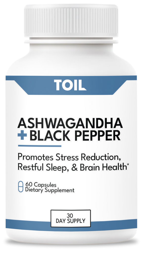 Ashwagandha and black pepper dietary supplement promotes stress reduction, restful sleep, and brain health. Sixty capsules, thirty day supply