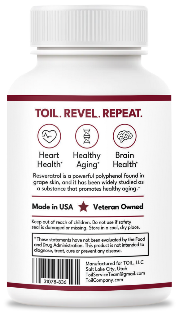 Resveratrol dietary supplement promotes healthy aging, and is a free radical scavenger. Sixty capsules, thirty day supply